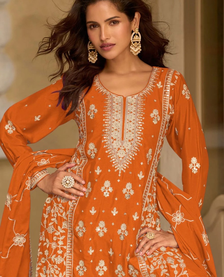 ORANGE - Chinon Salwar Suit In Orange Colour